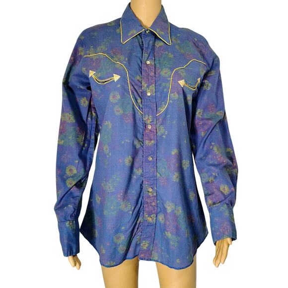 80s H Bar C Purple Floral Metallic Gold Western Pearl Snap Button Shirt SZ 15.5 - Picture 1 of 12